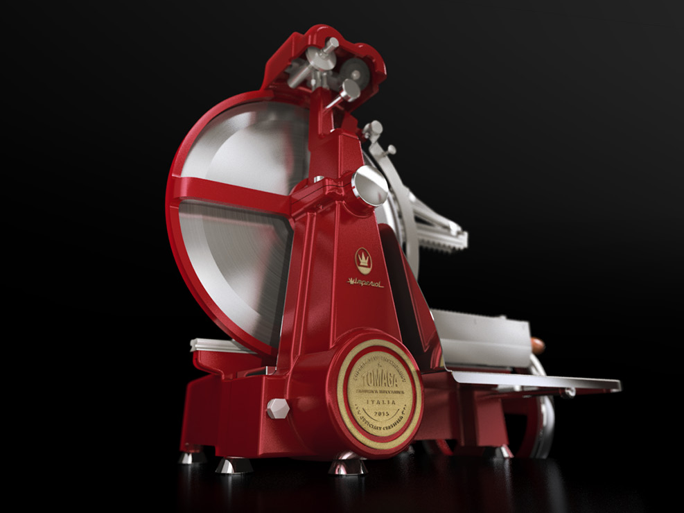 photo d'une trancheuse tomaga rouge pour laboratoire à pizza