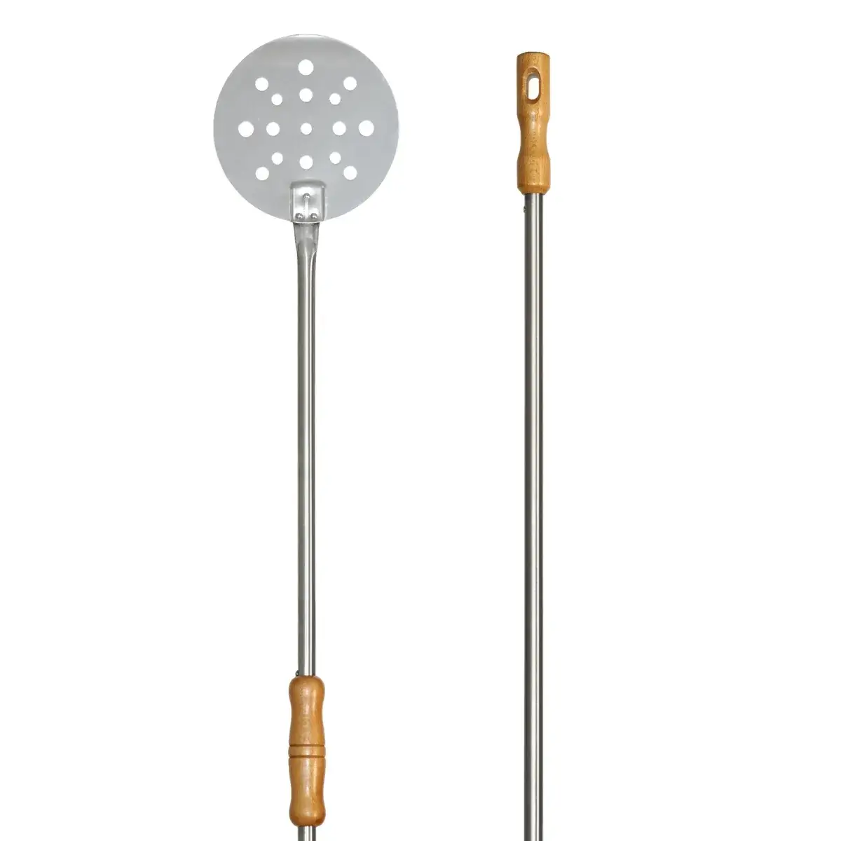 Pelle à tourner perforée 18 cm, tête aluminium ronde et manche inox avec poignée bois