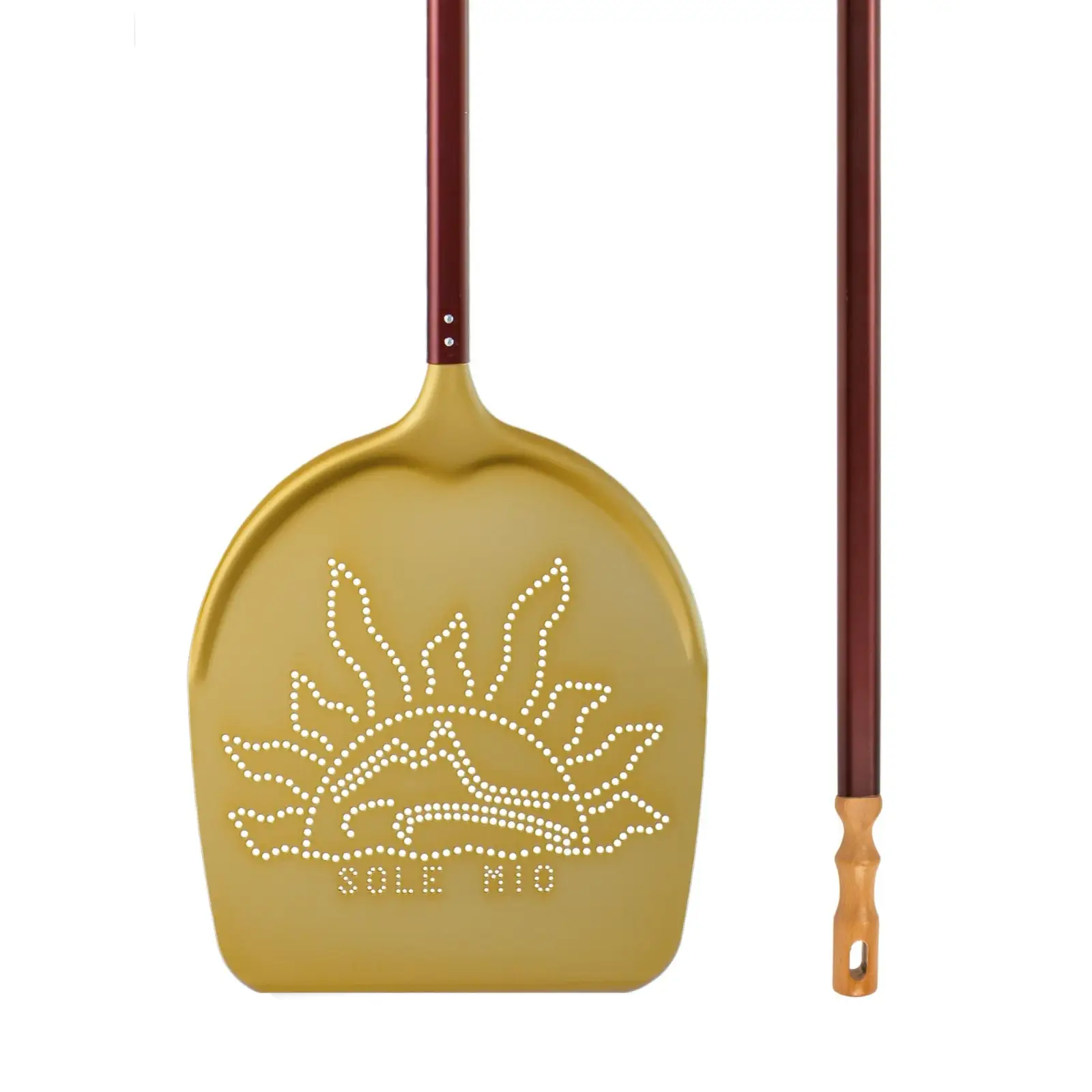 Pelle à pizza perforée SOLE MIO Lilly Codroipo 33 cm, aluminium anodisé doré, manche 170 cm