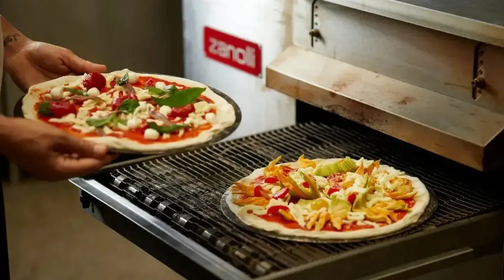 Pizzas sur le tapis d'un four à convoyeur Zanolli